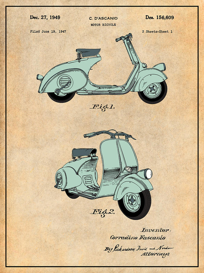 1947 Vespa 125 Motor Scooter Colorized Patent Print Antique Paper Drawing by Greg Edwards