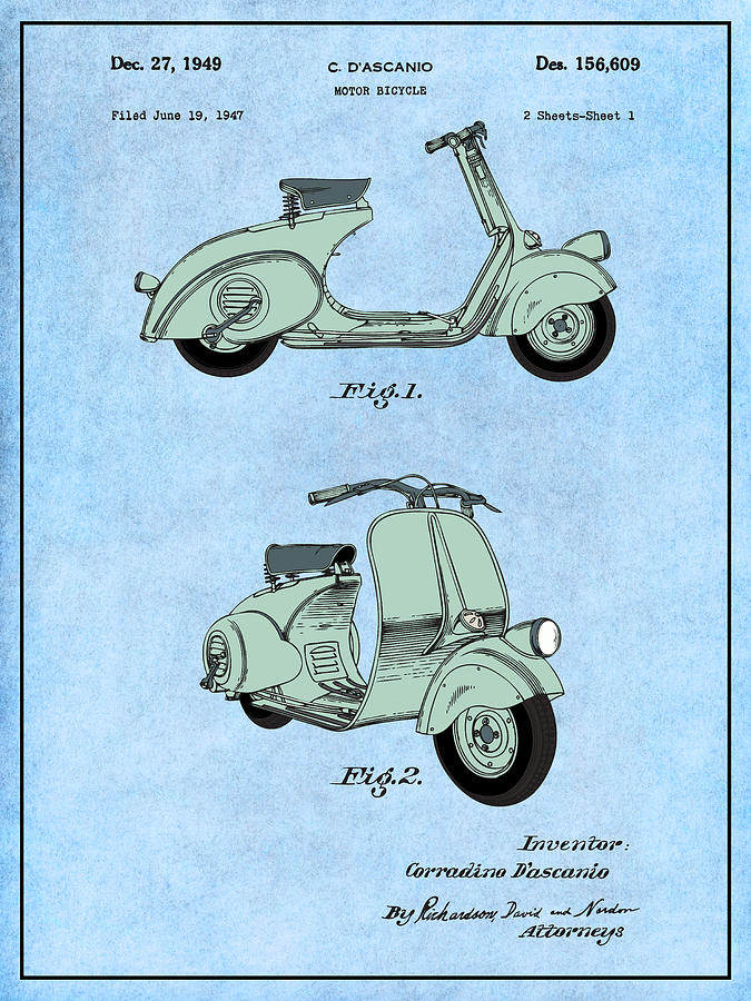 1947 Vespa 125 Motor Scooter Colorized Patent Print Light Blue Drawing by Greg Edwards