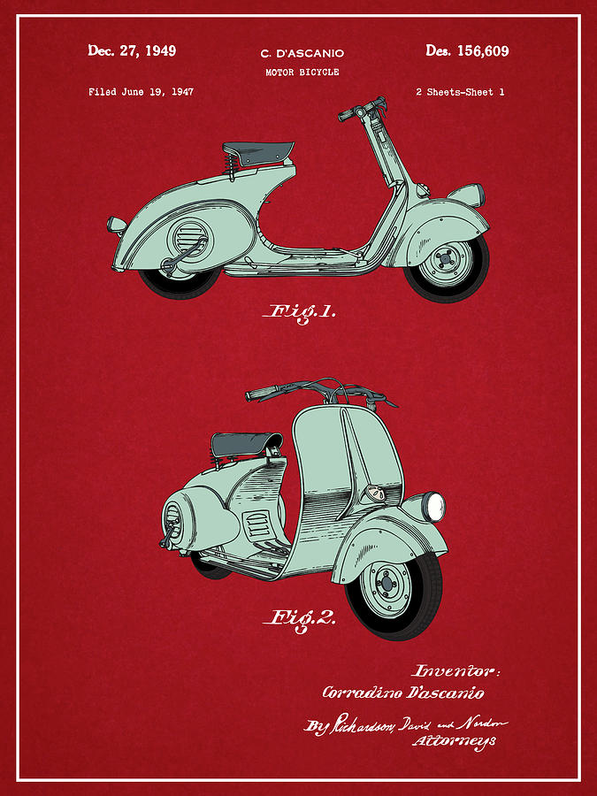 1947 Vespa 125 Motor Scooter Colorized Patent Print Red Drawing by Greg Edwards