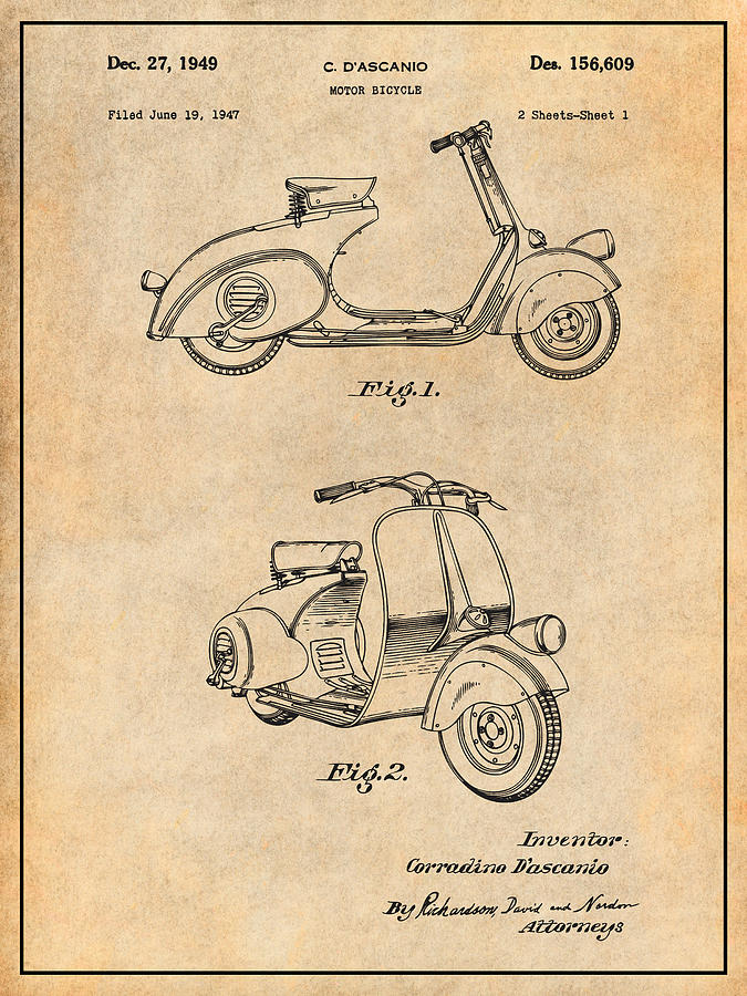 1947 Vespa 125 Motor Scooter Patent Print Antique Paper Drawing by Greg Edwards
