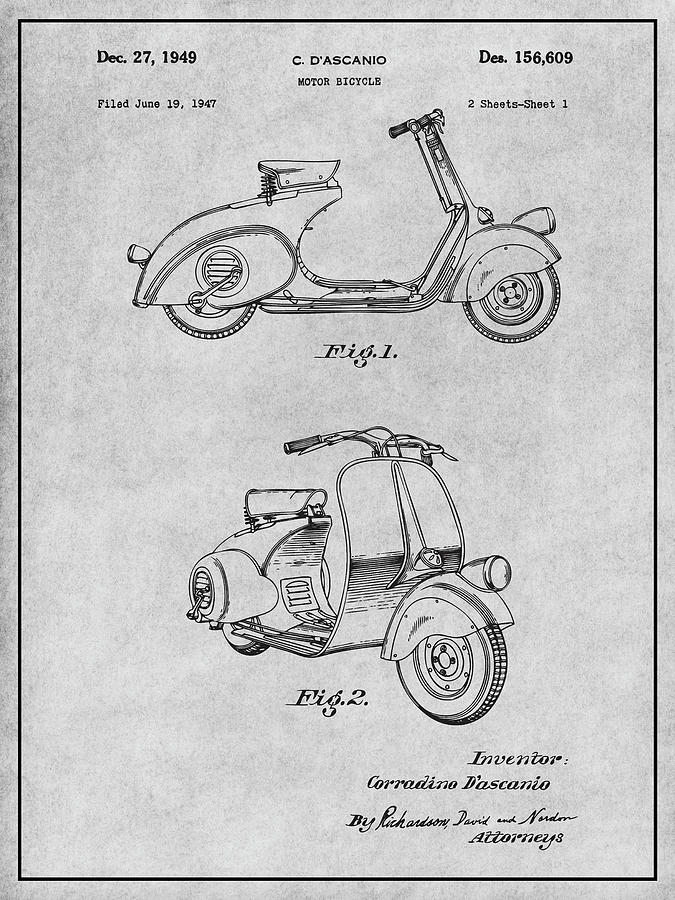 1947 Vespa 125 Motor Scooter Patent Print Gray Drawing by Greg Edwards