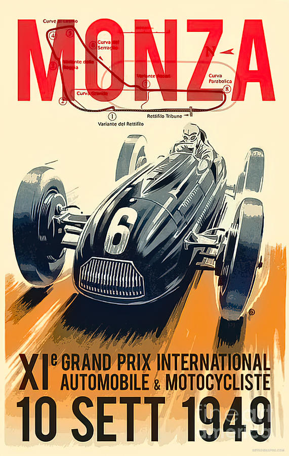 1949 Monza Race Poster Featuring Race Car Mixed Media by Retrographs