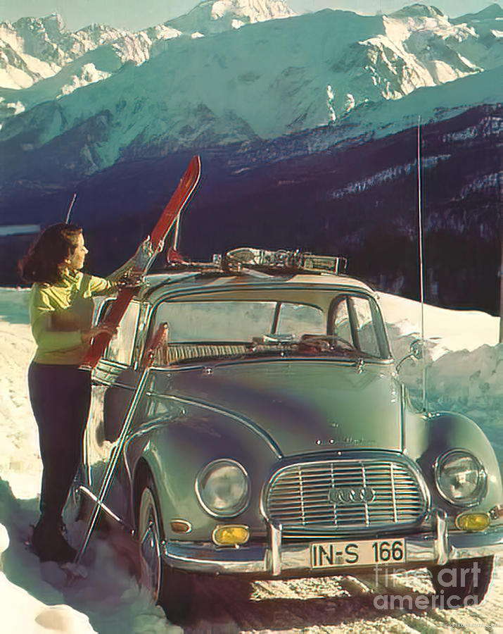 1950 Audi With Woman Skier In Snow Setting Photograph by Retrographs