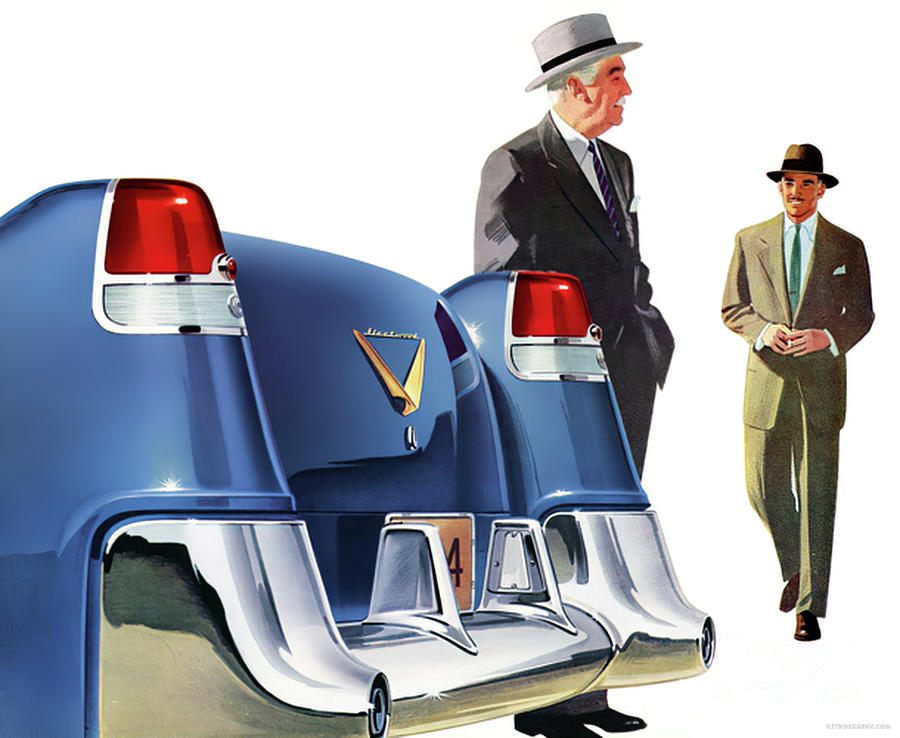 1950 Cadillac Advertisement Featuring Tail Fins And Two Men Mixed Media by Retrographs