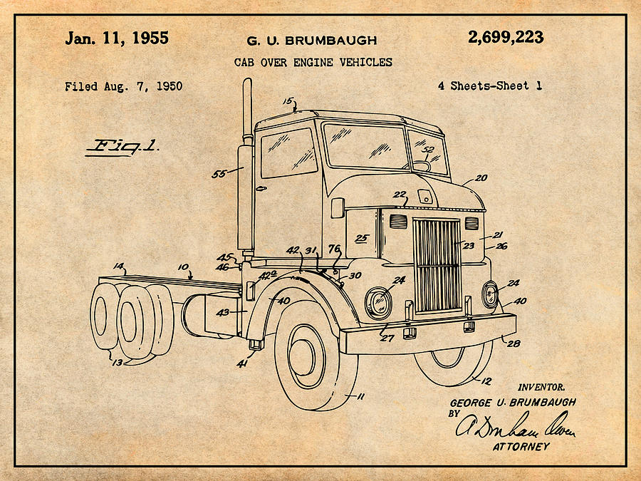 1950 Peterbuilt Cab Over Diesel Semi Truck Antique Paper Patent Print Drawing by Greg Edwards