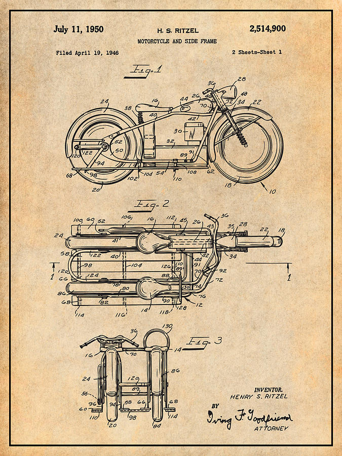 1950 Ritzel Motorcycle Patent print Antique Paper Drawing by Greg Edwards