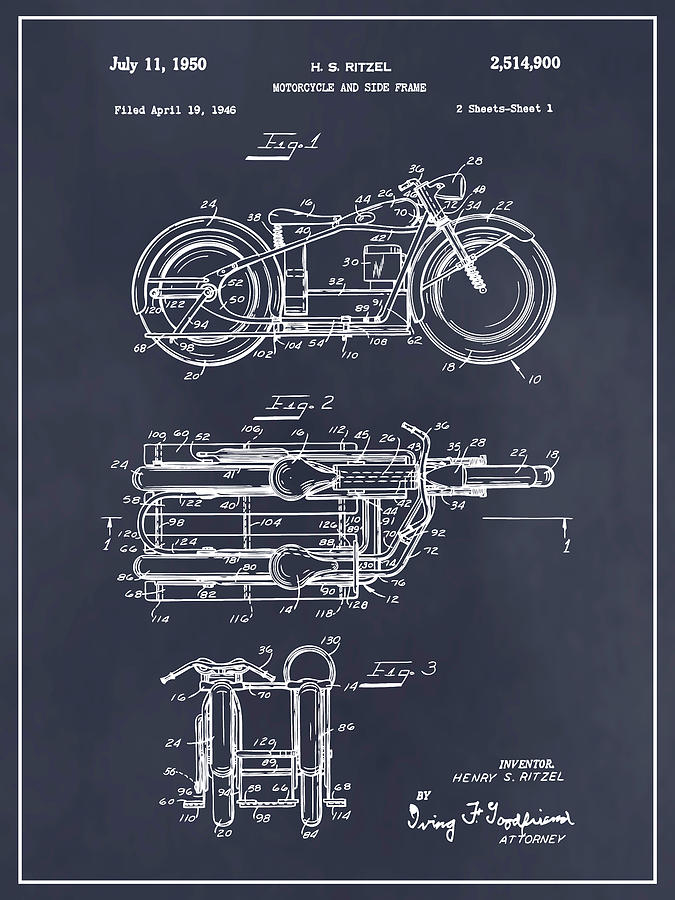1950 Ritzel Motorcycle Patent Print Blackboard Drawing by Greg Edwards