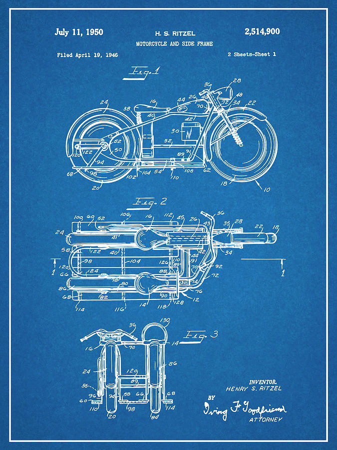 1950 Ritzel Motorcycle Patent Print Blueprint Drawing by Greg Edwards