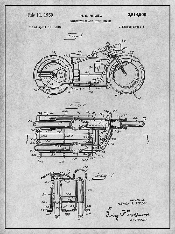 1950 Ritzel Motorcycle Patent Print Gray Drawing by Greg Edwards