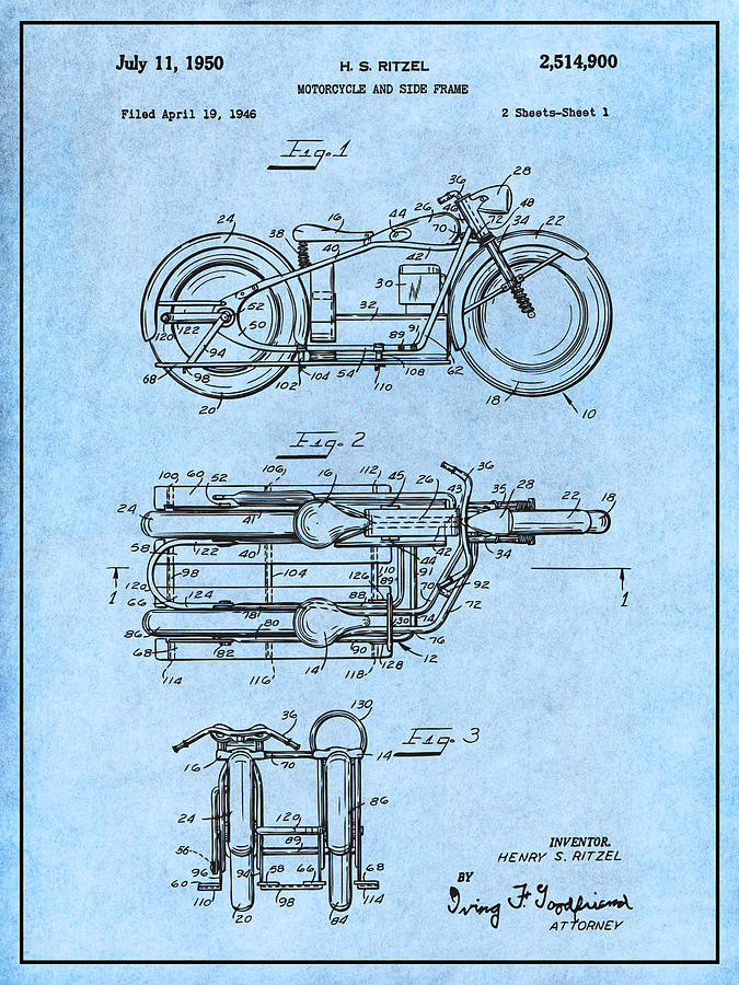 1950 Ritzel Motorcycle Patent Print Light Blue Drawing by Greg Edwards
