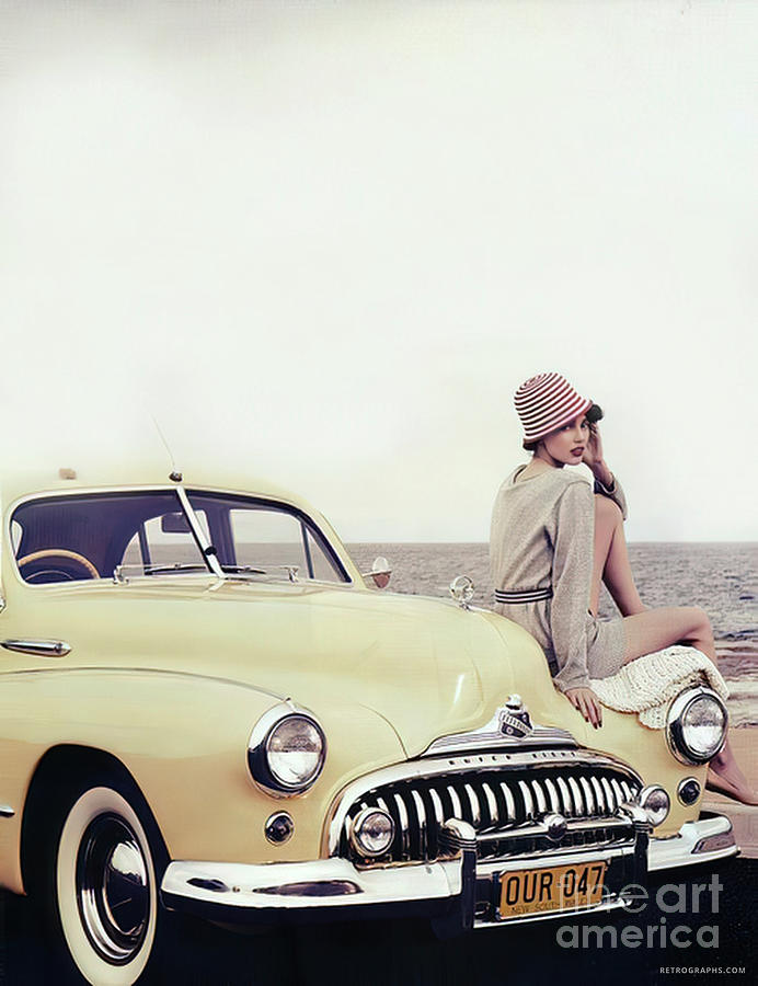 1950s Buick With Fashion Model Seaside Setting Photograph by Retrographs