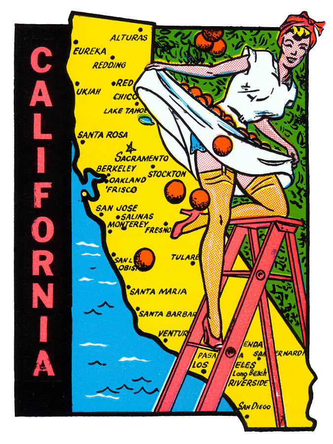 Vintage Painting - 1950s California Map Luggage Label by Historic Image