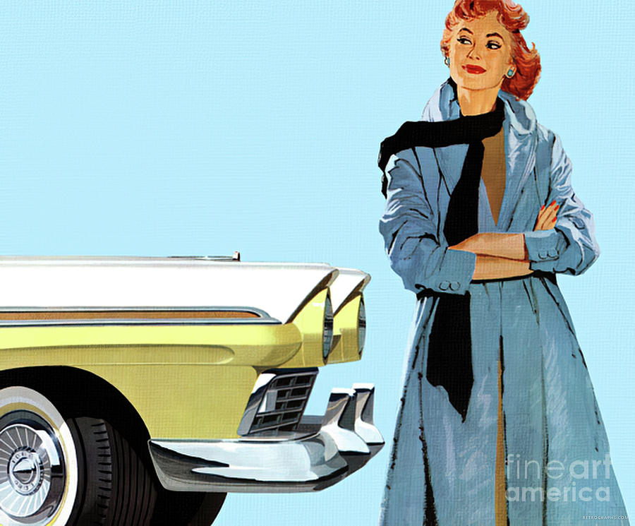 1950s Fashion Model With Ford Fairlane Mixed Media by Retrographs