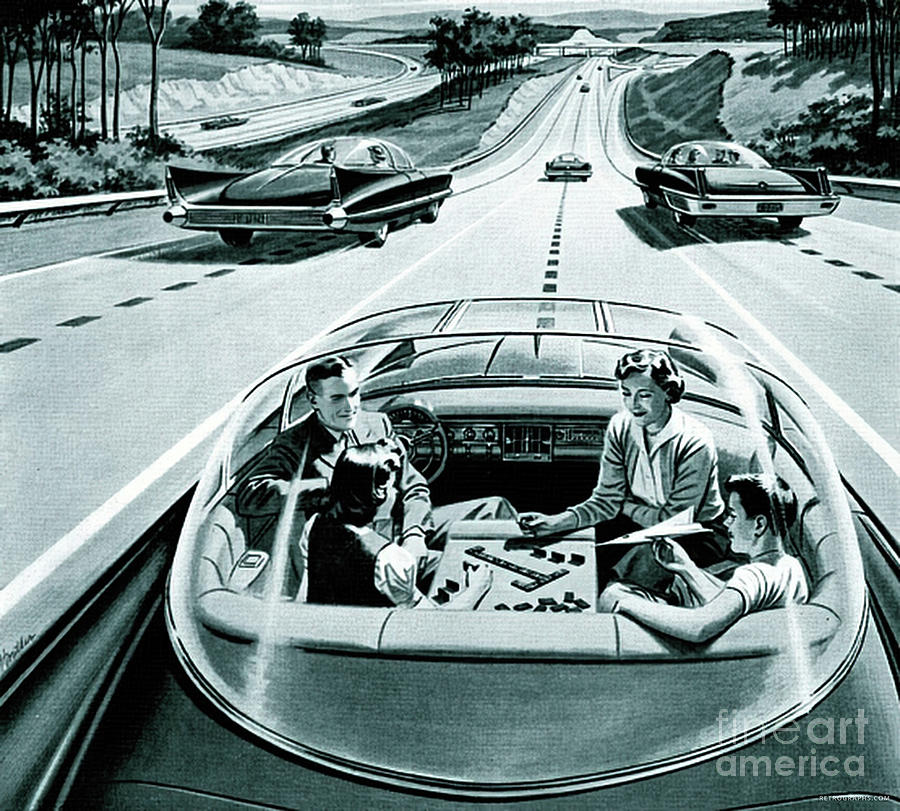 1950s Futuristic Jet Age Vehicle With Family On Roadway Mixed Media by Retrographs