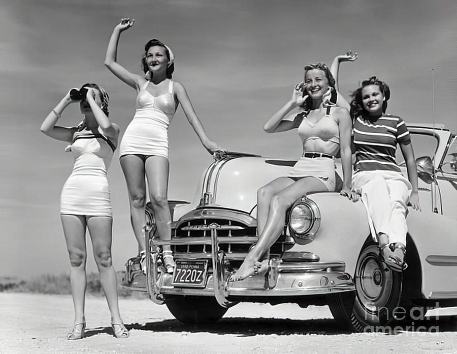 1950s Group Of Four Women In Bathing Suits With Convertible Photograph by Retrographs