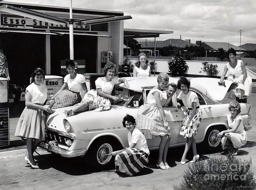 1950s Grup Of High School Girls At Esso Station Photograph by Retrographs