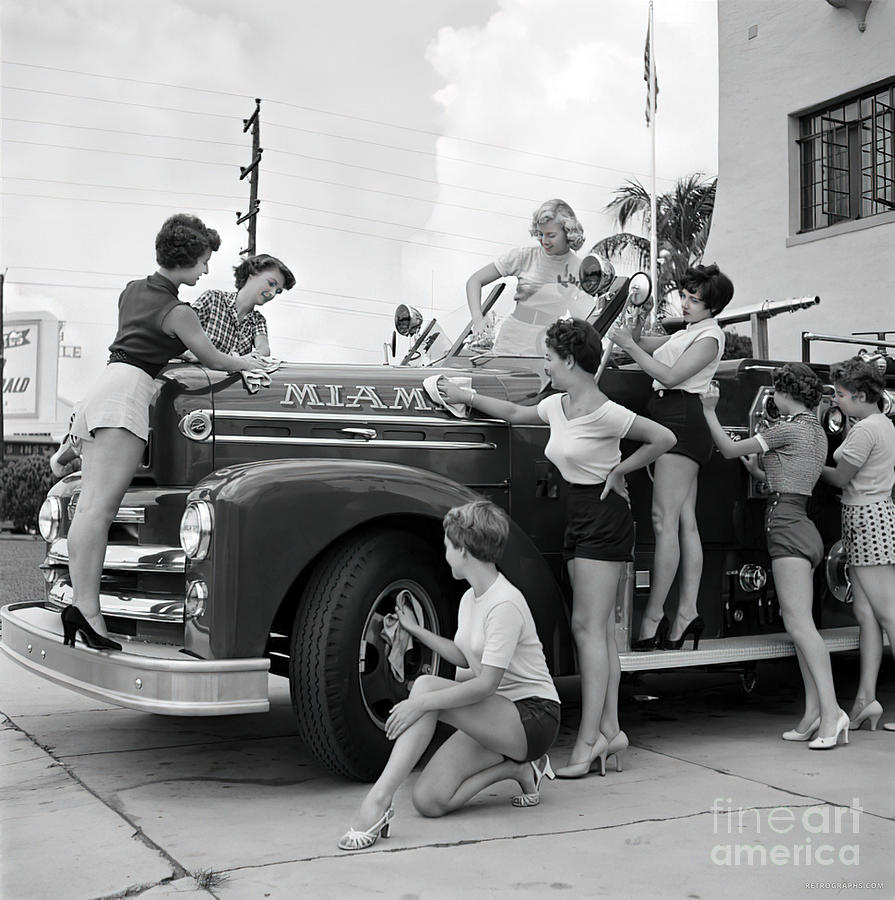 1950s Miami Fire Truck With Female Models Photograph by Retrographs
