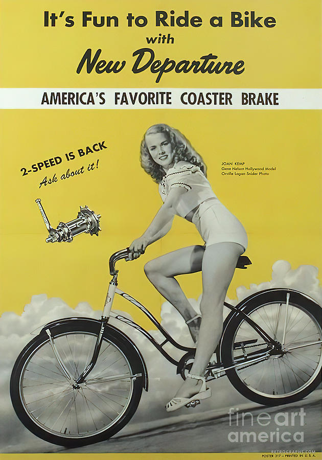 1950s New Departure Advertisement Coaster Bike With Woman Mixed Media by Retrographs