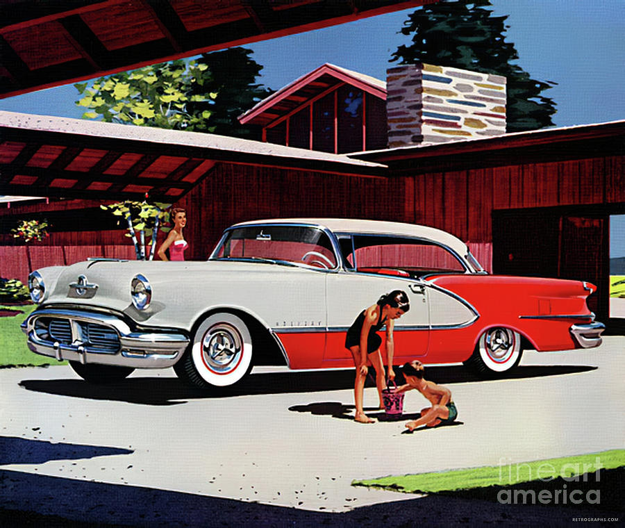 1950s Oldsmobile Advertisement With Girl Washing Car Mixed Media by Retrographs