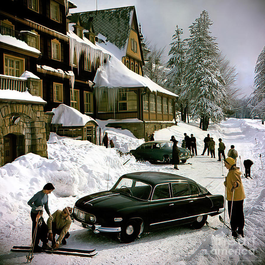 1969 Tatras at Chalet with Skiers Photograph by Retrographs