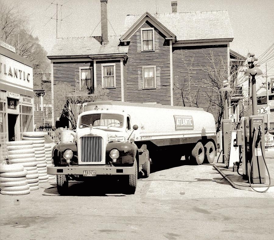 1950s photo Atlantic GAS Station FUEL Truck car Pump Scene Fitchburg MA Painting by Celestial Images