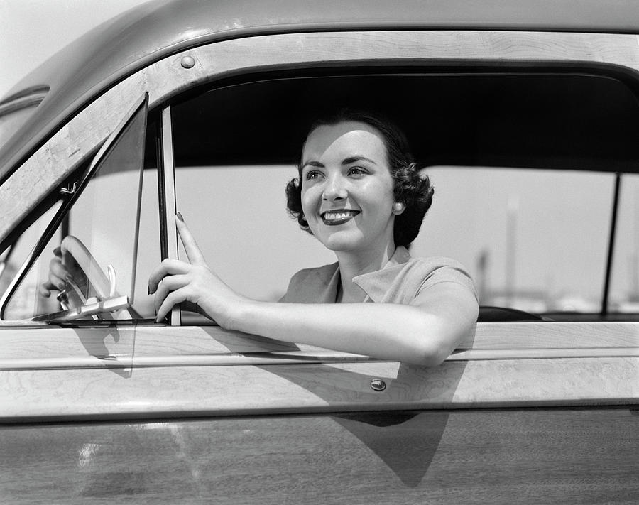 1950s Smiling Woman Driving 1949 Ford Photograph by Vintage Images - Pixels