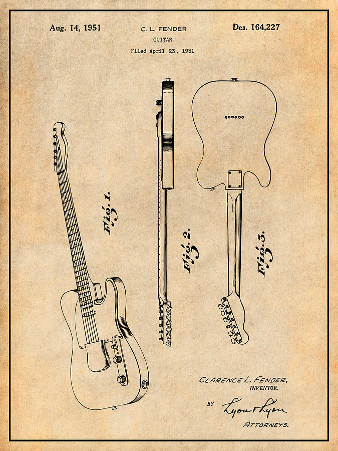 1951 Fender Telecaster Guitar Patent Print Antique Paper Drawing by Greg Edwards