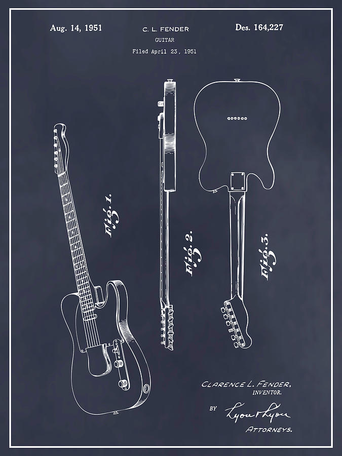 1951 Fender Telecaster Guitar Patent Print Blackboard Drawing by Greg Edwards