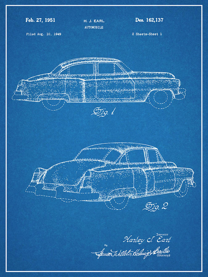 1951 Harley Earl LaSalle Cadillac Blueprint Patent Print Drawing by Greg Edwards
