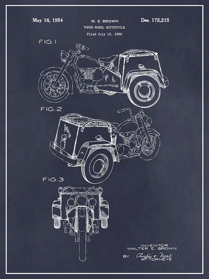 1952 3 Three Wheel Motorcycle Blackboard Patent Print Drawing by Greg Edwards