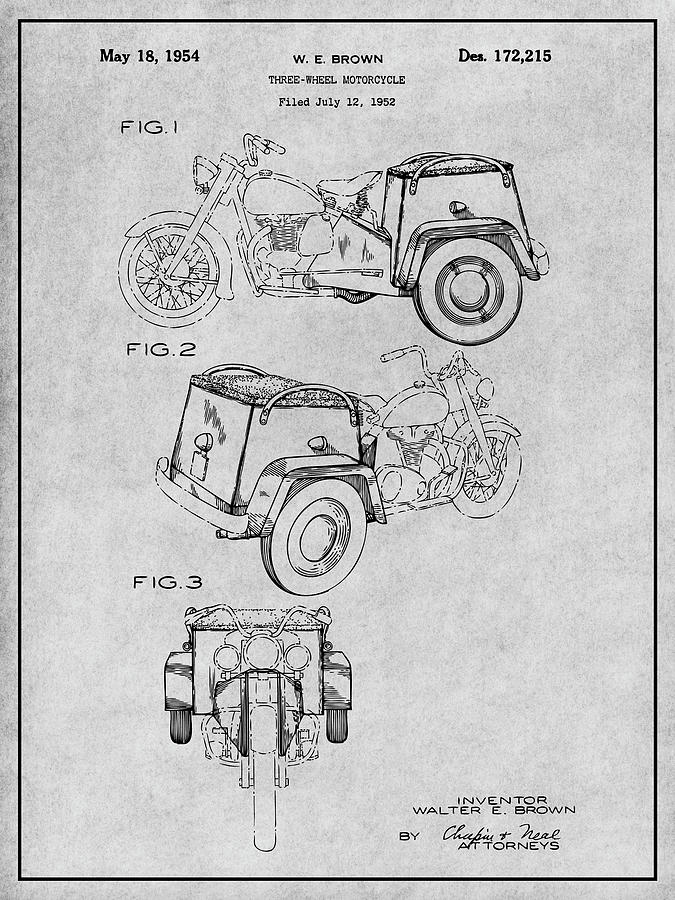1952 3 Three Wheel Motorcycle Gray Patent Print Drawing by Greg Edwards
