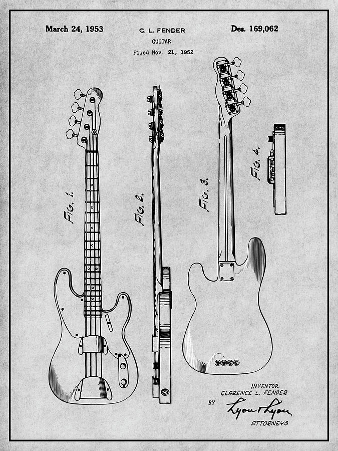1952 Fender P1 Bass Guitar Patent Print Gray Drawing by Greg Edwards