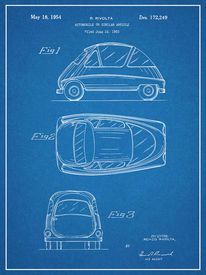 1953 BMW Isetta Blueprint Patent Print Drawing by Greg Edwards