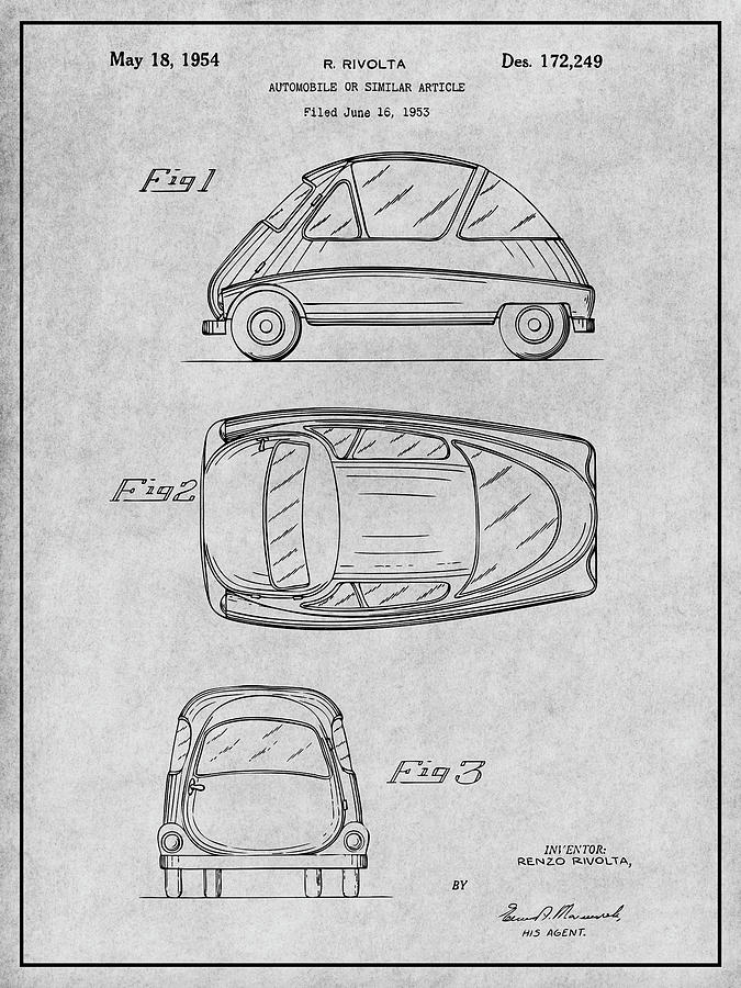 1953 BMW Isetta Gray Patent Print Drawing by Greg Edwards