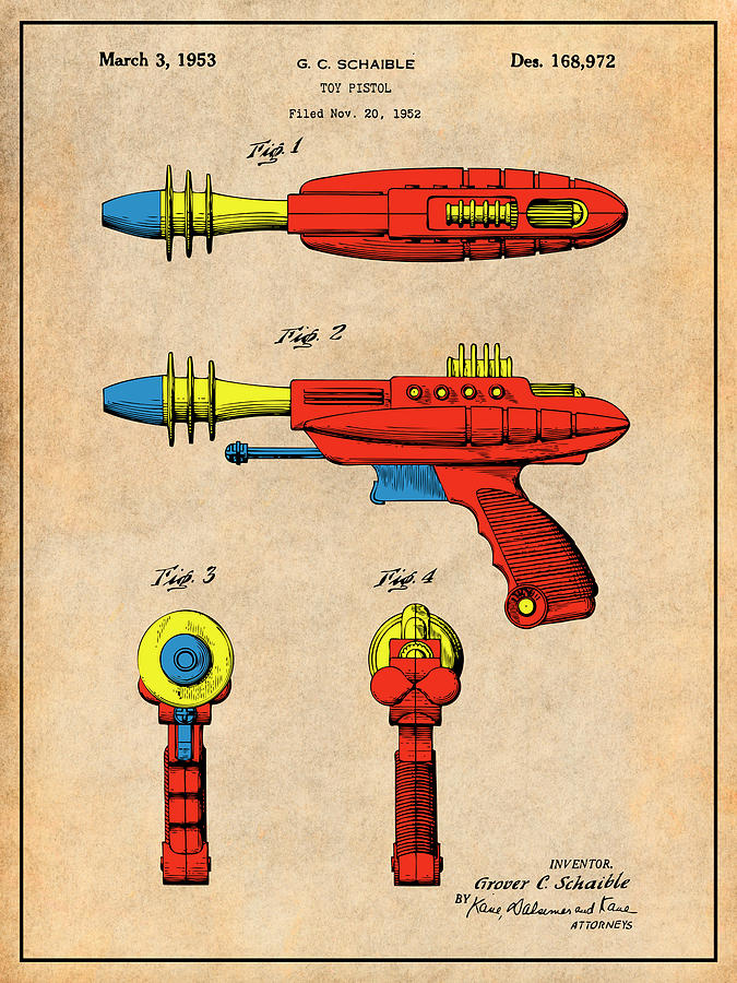 1953 Ray Gun Toy Pistol Colorized Patent Print Antique Paper Drawing by Greg Edwards