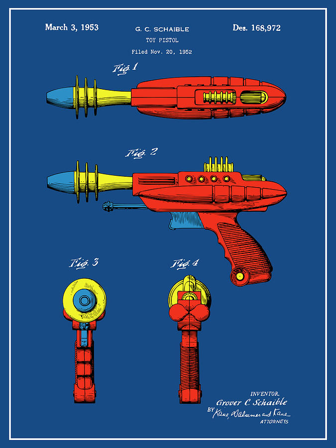 1953 Ray Gun Toy Pistol Colorized Patent Print Blueprint Drawing by Greg Edwards