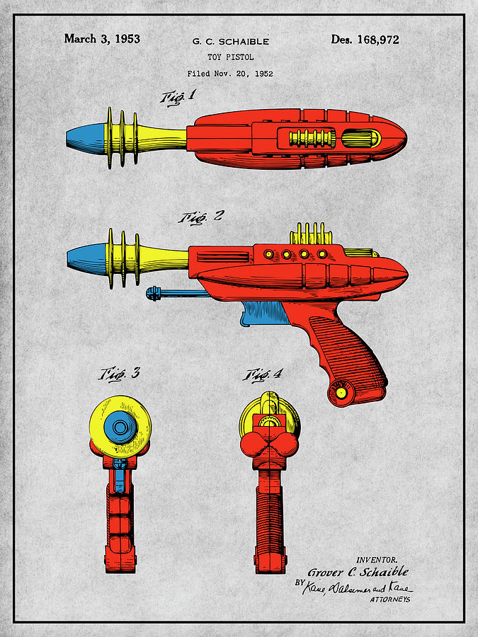 1953 Ray Gun Toy Pistol Colorized Patent Print Gray Drawing by Greg Edwards