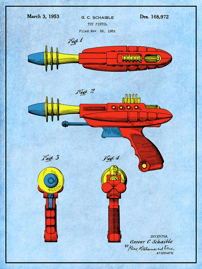1953 Ray Gun Toy Pistol Colorized Patent Print Light Blue Drawing by Greg Edwards