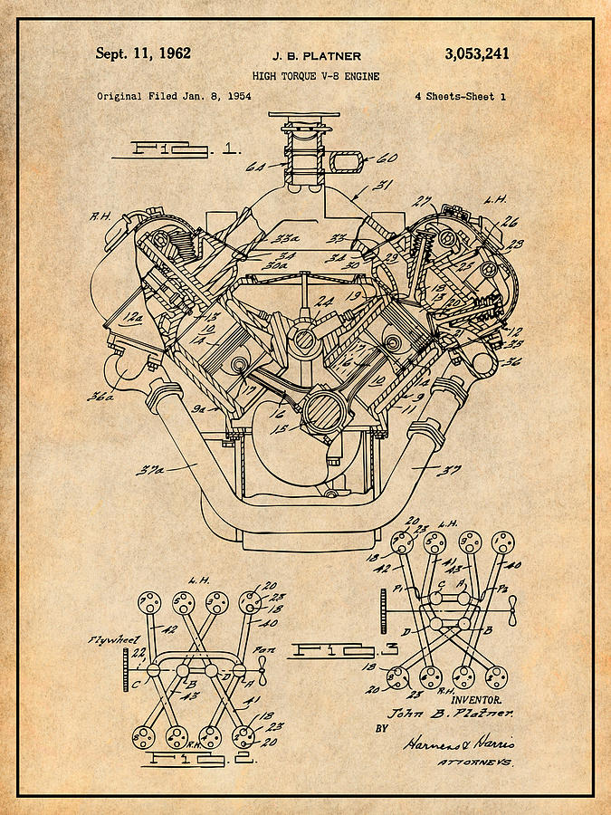 1954 Chrysler 426 Hemi V8 Engine Antique Paper Patent Print Drawing by Greg Edwards