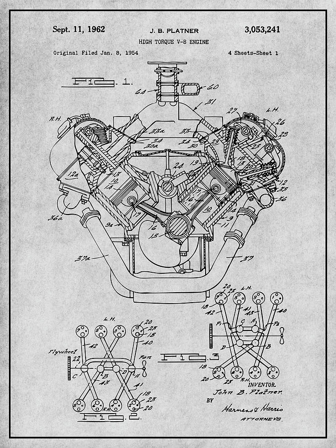 1954 Chrysler 426 Hemi V8 Engine Gray Patent Print Drawing by Greg Edwards