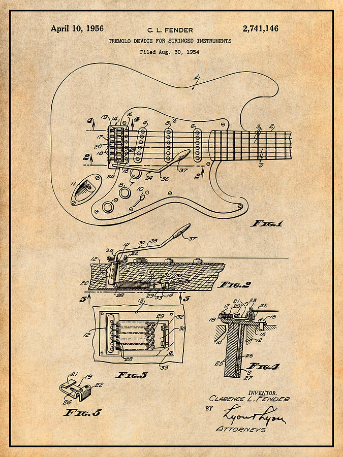 1954 Fender Stratocaster Guitar Patent Print Antique Paper Drawing by Greg Edwards