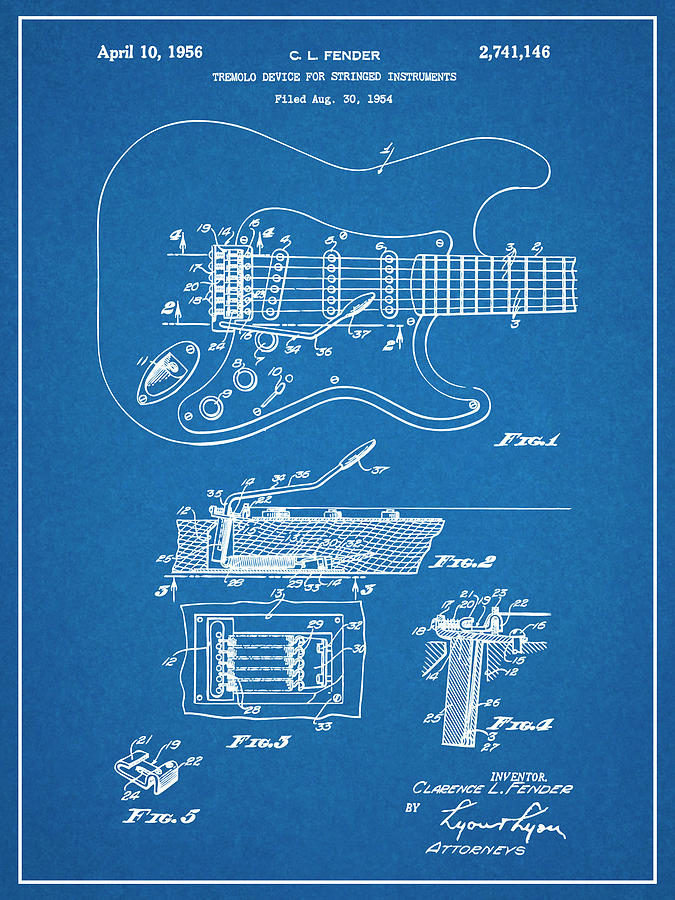 1954 Fender Stratocaster Guitar Patent Print Blueprint Drawing by Greg Edwards