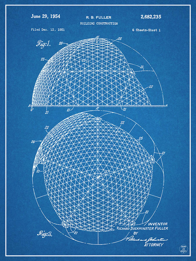 1954 Geodesic Dome Blueprint Patent Print Drawing by Greg Edwards