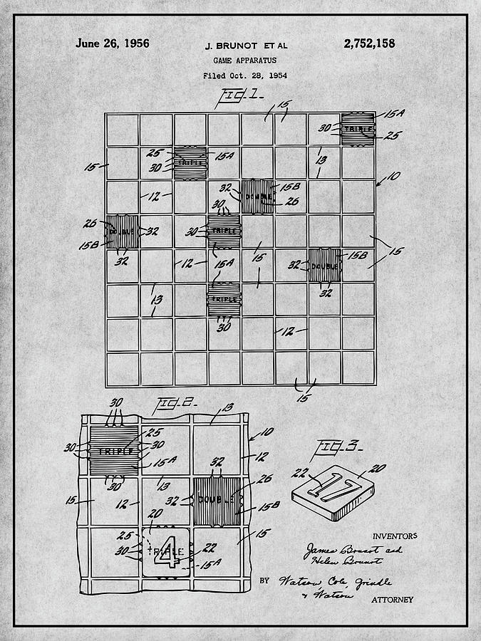 1954 Scrabble Game Gray Patent Print Drawing by Greg Edwards