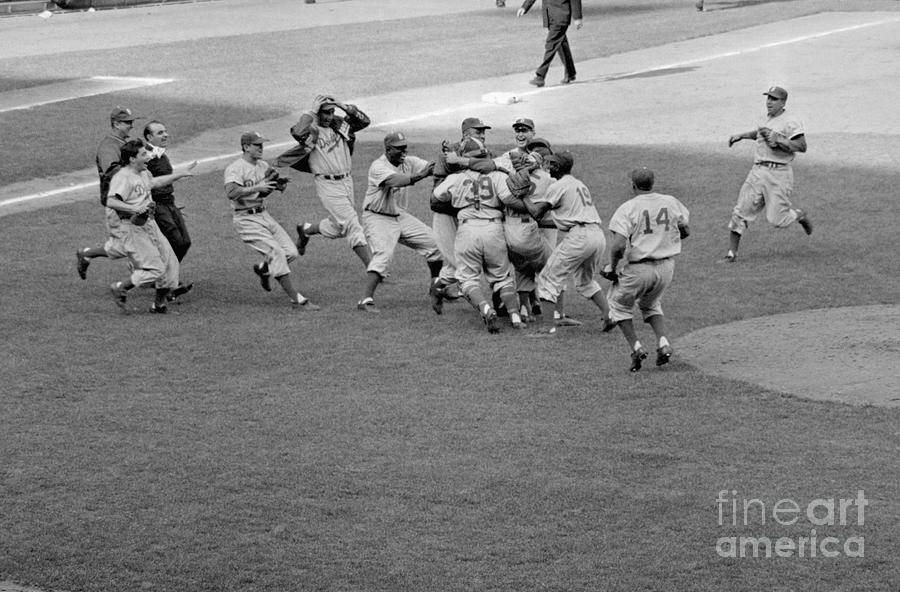 1955 Dodgers Rushing The Mound by Bettmann