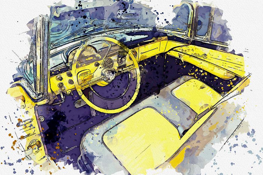 Transportation Painting - 1955 Ford Fairlane Sunliner Convertible - driver cabin watercolor by Ahmet Asar by Celestial Images