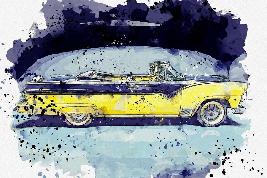 Transportation Painting - 1955 Ford Fairlane Sunliner Convertible - profile watercolor by Ahmet Asar by Celestial Images