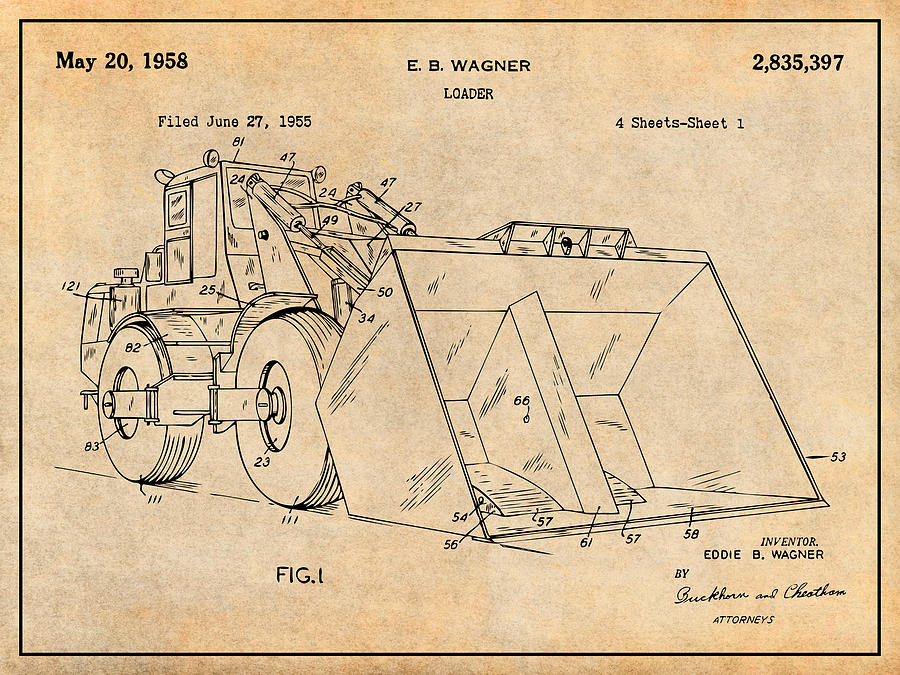 1955 Front End Loader Patent Print Antique Paper Drawing by Greg Edwards
