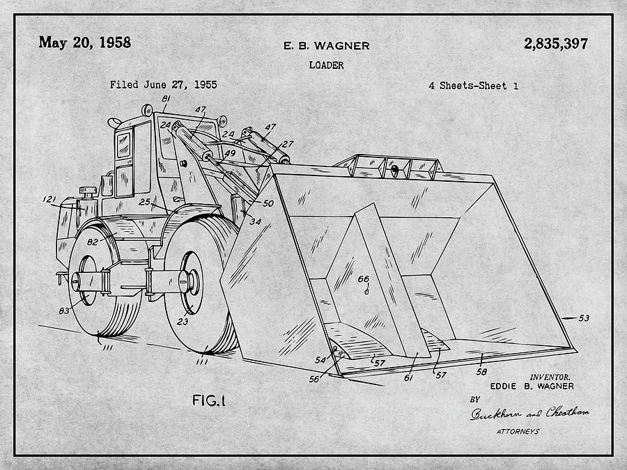 1955 Front End Loader Patent Print Gray Drawing by Greg Edwards