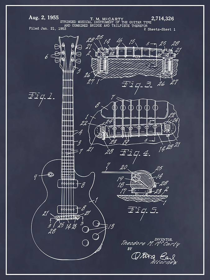 1955 Gibson Les Paul Guitar Patent Print Blackboard Drawing by Greg Edwards